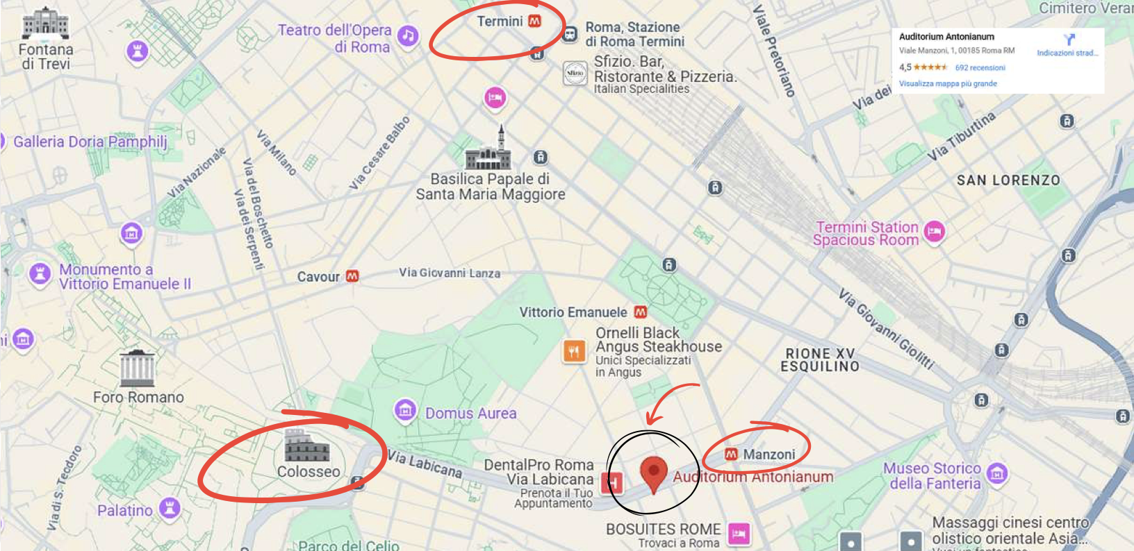 Mappa di Roma con la posizione dell'Auditorium Antonianum, la metro Manzoni, la stazione Termini e il Colosseo